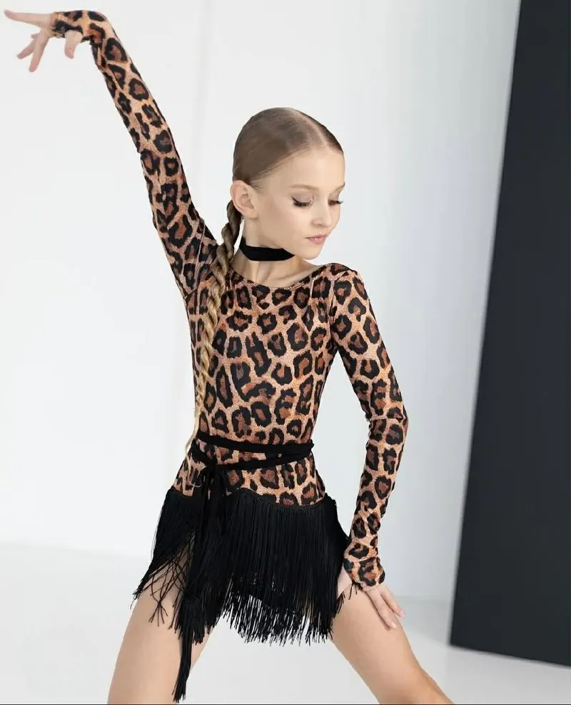 Girls’ Latin Dance Jumpsuit in Leopard Print with Fringe — вигляд 4