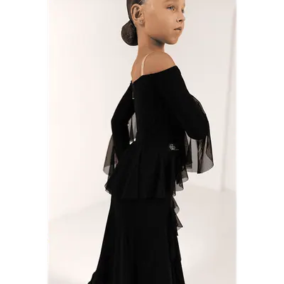 Off-Shoulder Ballroom Dance Bodysuit with Layered Ruffles