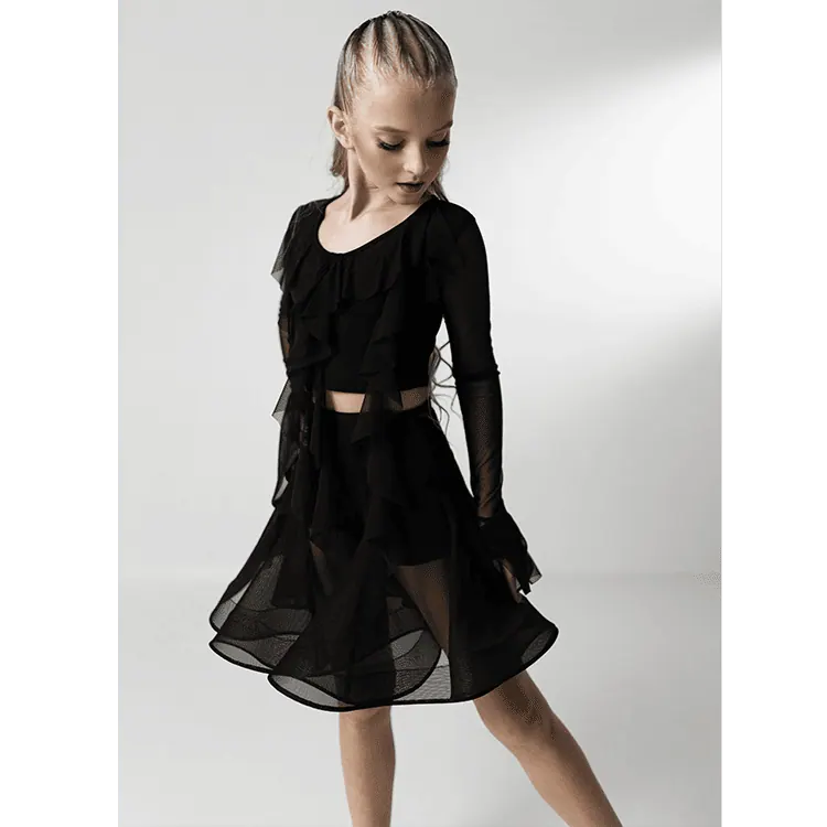 Girls’ Latin Dance Top with Ruffles and Sheer Sleeves — вигляд 2