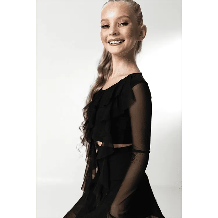 Girls’ Latin Dance Top with Ruffles and Sheer Sleeves — вигляд 3