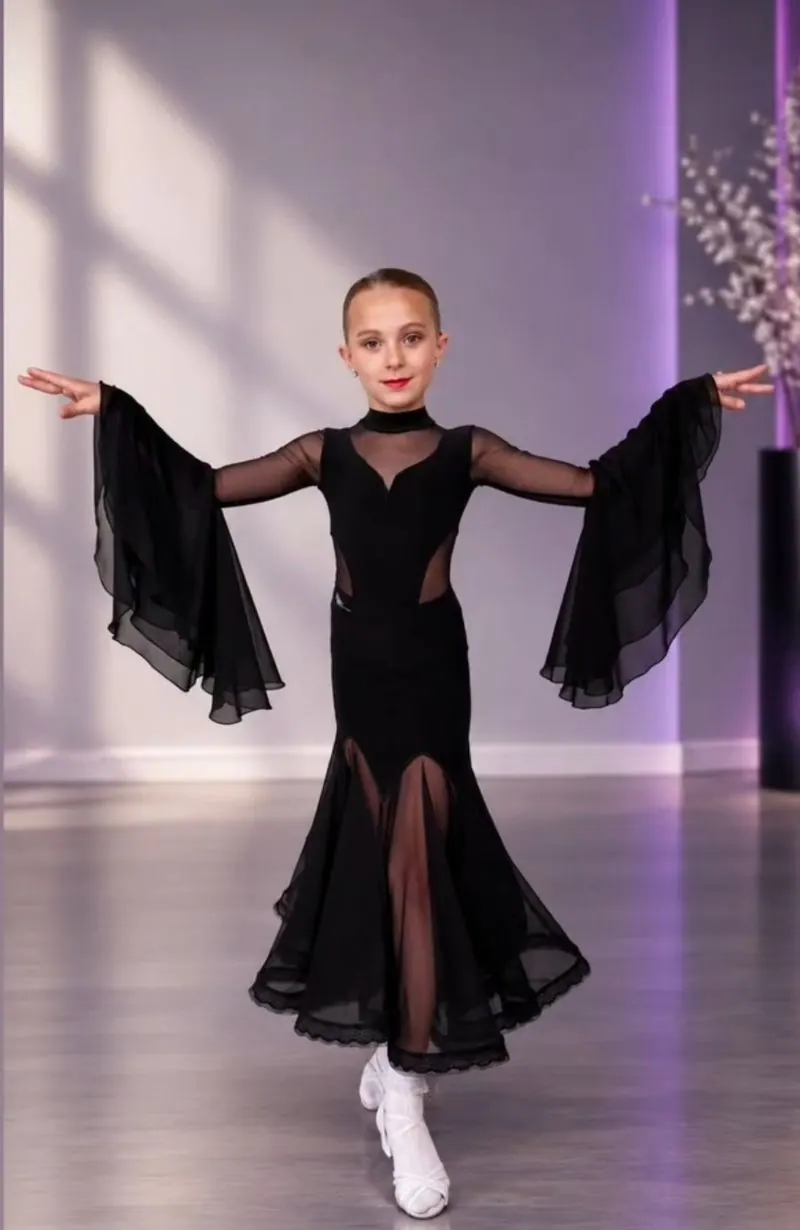 Ballroom Dance Bodysuit with Mesh and Layered Bell Sleeves