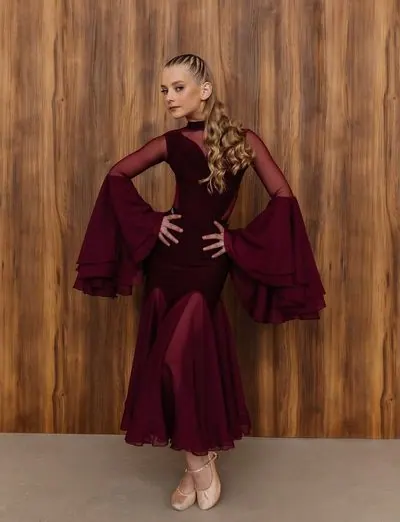 Ballroom Dance Bodysuit with Mesh and Layered Bell Sleeves