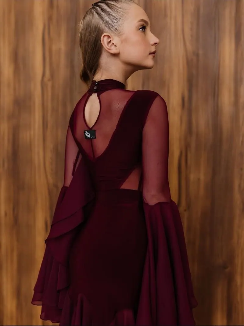 Ballroom Dance Bodysuit with Mesh and Layered Bell Sleeves