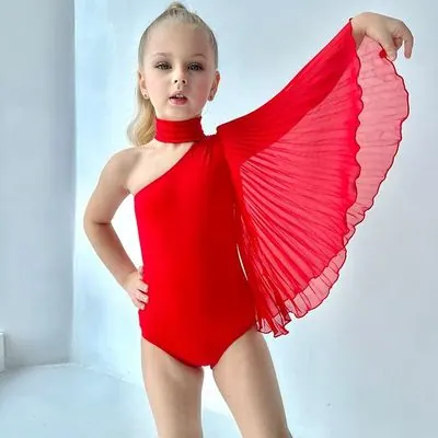 Women’s One-Shoulder Dance Bodysuit with Pleated Sleeve – Red